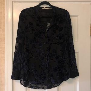 Alice + Olivia Belle Velvet Burnout Blouse. Midnight Blue and Black. Size M.